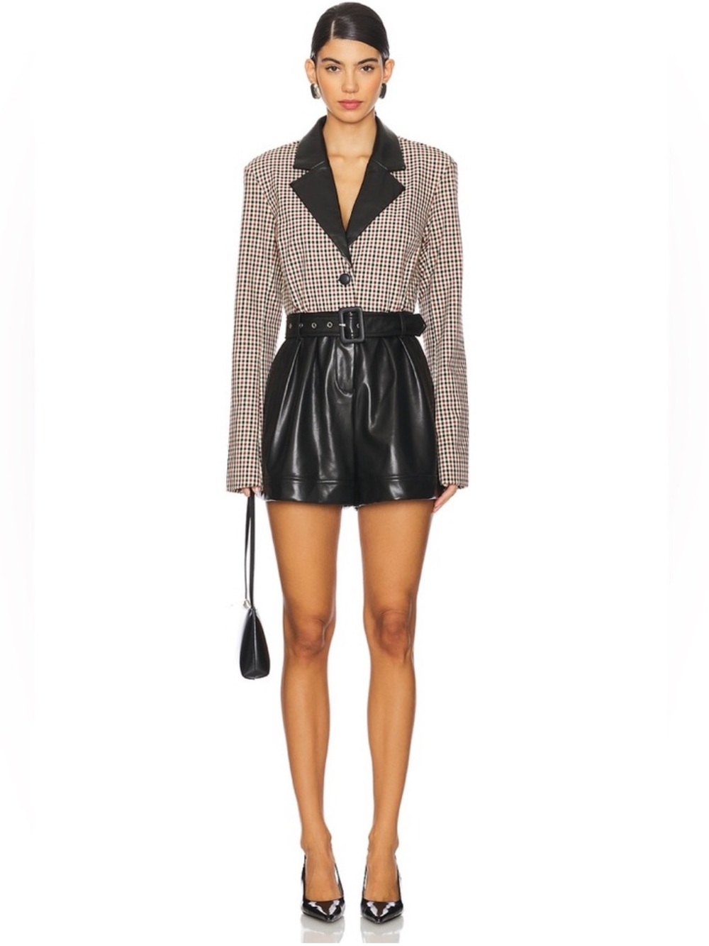 Checked Blazer with Black Leather-Look Shorts